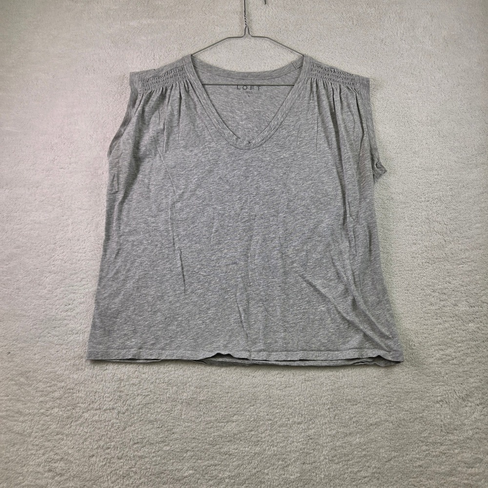 LOFT Womens Heather Grey V-Neck Pleated Shoulder Sleeveless Tee Shirt Large